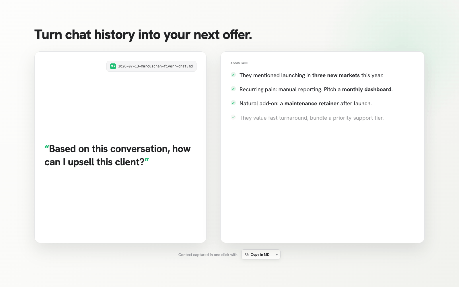 The AI reads an exported chat and drafts an upsell message based on the client's plans and recurring pain points.